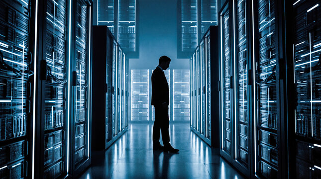 Thoughtful male business executive standing inside large dark modern futuristic data center room filled with tall glowing blue network server computer cabinets