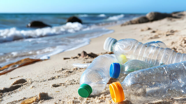 Pollution on beach with plastic bottles scattered on sand, highlighting environmental issues and ocean conservation efforts