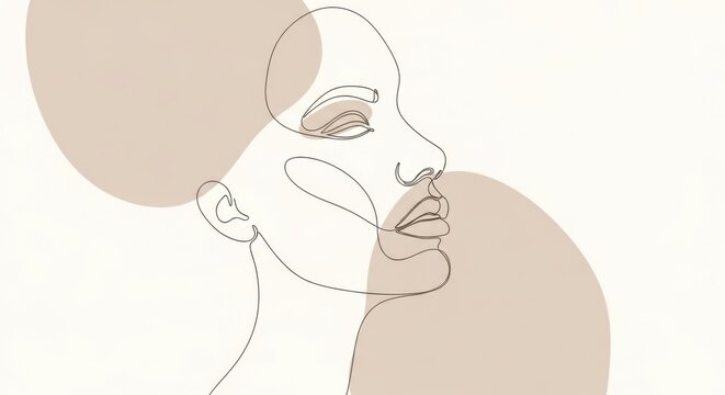 Minimalist continuous line drawing of a womans face with abstract beige shapes on a white background