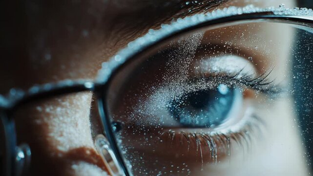 Close-up of human eye behind fogged glasses. Condensation coats lens, reflecting light. Gaze feels intense, focused, immersive. Natural blue iris, detailed lashes visible