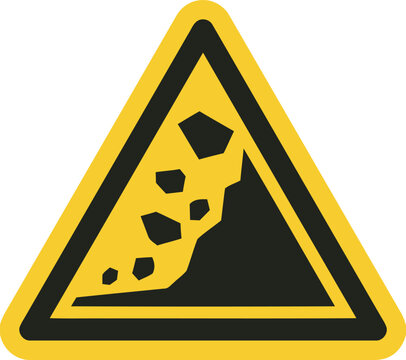 Yellow triangular warning sign depicting falling rocks hazard, representing danger and caution, ideal for road safety, construction sites, and outdoor adventure warnings.