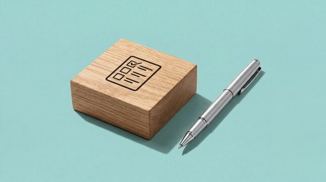 Wooden block with checklist icon and pen on blue background