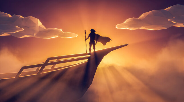 Low poly silhouette of adventurer with staff standing on ship prow above thick clouds during bright sunrise radiating powerful sunbeams creating magical atmosphere