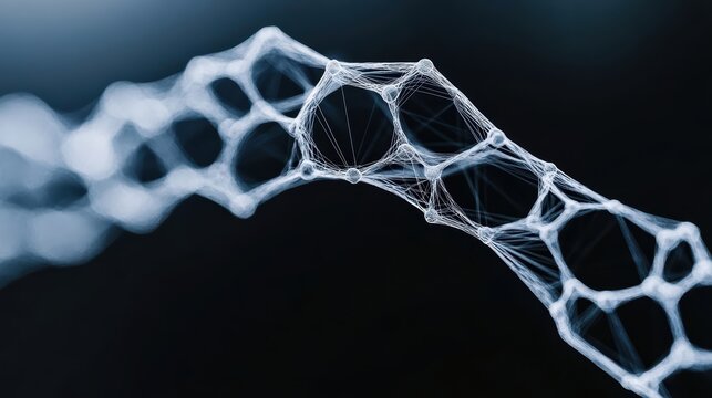 Abstract digital network visualization showing complex connected molecule structure patterns in blue tones