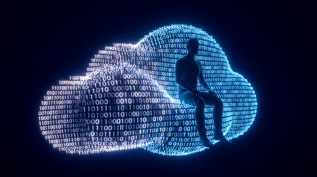 Silhouette male figure sitting comfortably upon large floating glowing blue cloud shape formed entirely from digital binary numbers over completely dark background