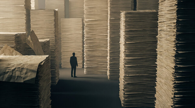 Silhouette businessman standing alone among towering massive vertical stacks containing countless old paper documents inside dim foggy indoor warehouse storage environment