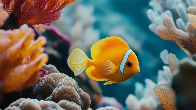 A vibrant orange clownfish swimming through a colorful coral reef with various sea creatures.