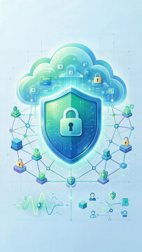 Cloud Security Shield with Network Connections 3D Gradient Illustration