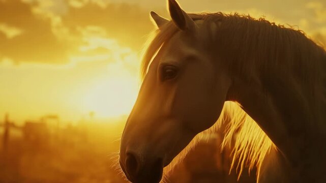 A majestic horse gazing into the sunset with a vibrant backdrop of sky colors.