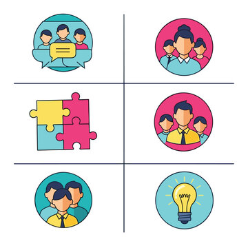 Business concepts grid with teamwork communication and idea icons.