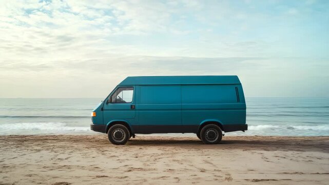 A blue van parked on a sandy beach with the ocean in the background