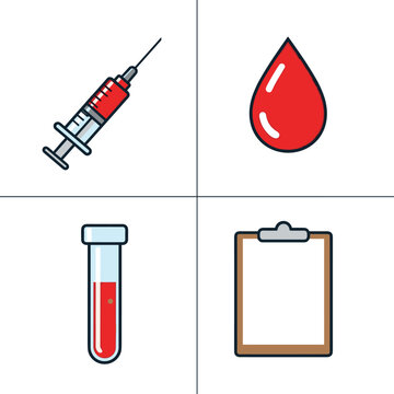 Medical and healthcare icons - syringe, blood drop, test tube, and clipboard.