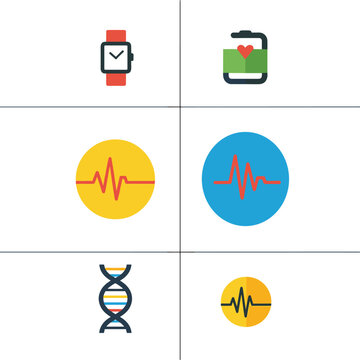 Collection of health and technology icons including smartwatch, heart rate monitors, and DNA.
