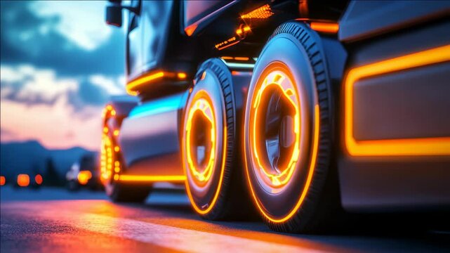 Modern truck wheels glow with warm orange light. Sunset hues reflect off wet asphalt. Truck's low angle view emphasizes sleek design. Road stretches ahead under twilight sky