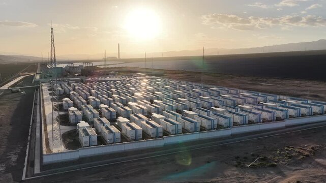 Aerial View of Battery Energy Storage Containers Reflecting Golden Sunlight Near Water in Qinghai, China