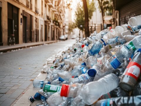 A huge, towering pile of crushed plastic bottle waste completely blocks a narrow urban street between historic apartment buildings during the day.
