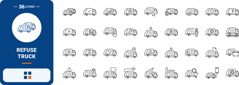 Garbage Truck Web Icon Set in Linear Style. Collection of Waste Vehicle line icons, including check mark, settings, security, repair, download, broken panel, location, waste bin and more.
