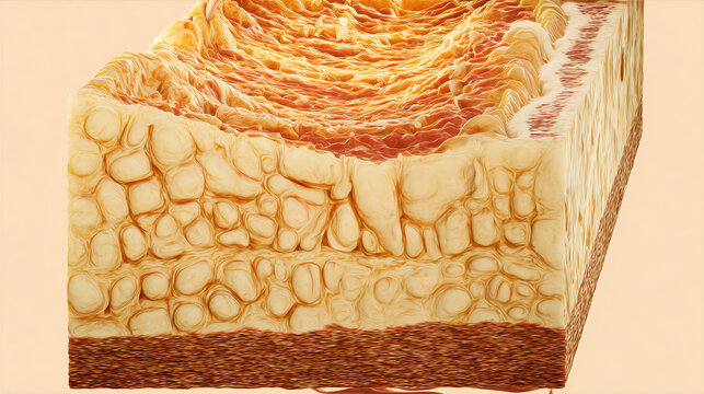 Gastric mucosa cross section block with rugae folds in warm amber gold tones on cream background