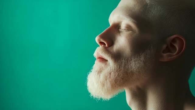 Close-up of a man's profile with closed eyes. Teal background enhances serene expression. Soft lighting highlights his beard and facial contours. Eyes gently closed, suggesting calm or meditation