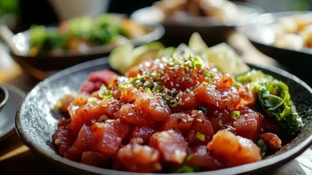 Fresh tuna sashimi garnished with green onions and sesame seeds. Plated over rice with lime wedges and greens. Vibrant colors and textures highlight the dish