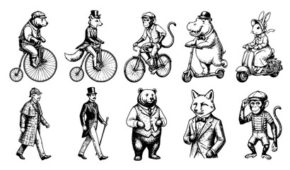 Obraz premium Victorian Animal Cyclists and Gentleman Vintage Engraved Vector Collection
