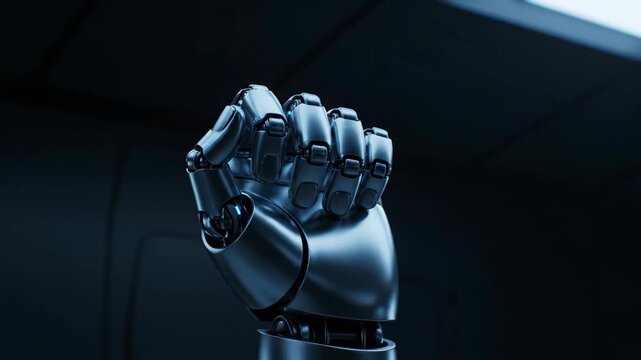 Close-up of a metal robotic arm and a robotic hand mastering a fist