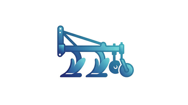 Blue gradient agricultural plow icon with wheels with against white background