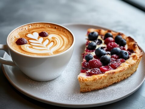 A white cup of latte art coffee is served on a plate next to a slice of sweet berry tart loaded with fresh blueberries and raspberries.
