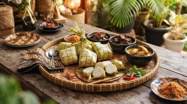 Traditional Indonesian Eid al-Fitr dish centered around woven ketupat served on a round bamboo tray tampah with opor ayam, beef rendang, sambal, and serundeng against a lush garden background.