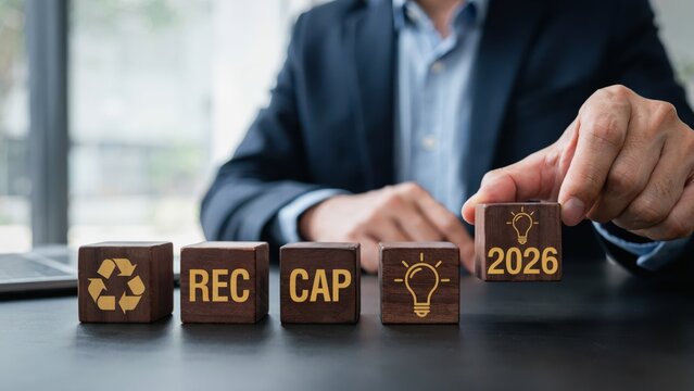 Businessman placing 2026 wooden block with recap and sustainability symbol