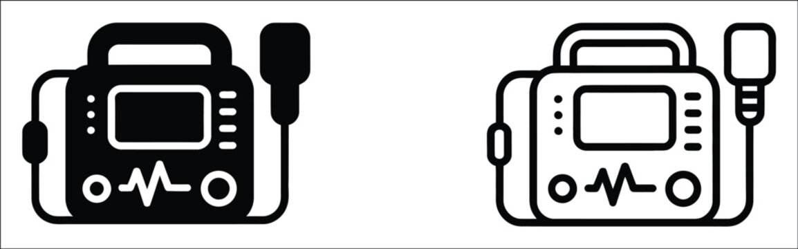 Automated external defibrillator medical device icons in solid and outline design, emergency cardiac rescue equipment symbols for healthcare facilities, first aid training, hospitals and lifesaving.