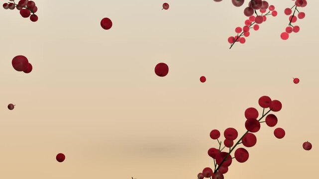 Red berries on beige gradient background with branches of ripe cranberries floating in warm soft light. 3d rendering