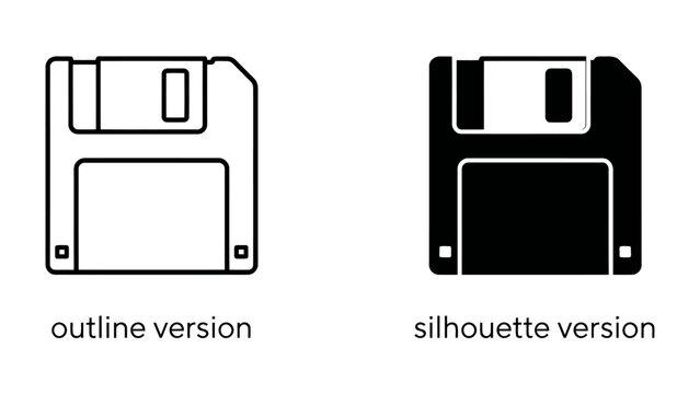 Floppy Disk Icon: An illustration showing both an outline and silhouette version of a classic floppy disk, representing data storage and retro technology.