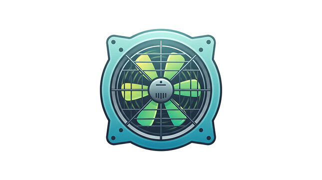 Industrial ventilation fan icon featuring green blades set against a clean white background surface