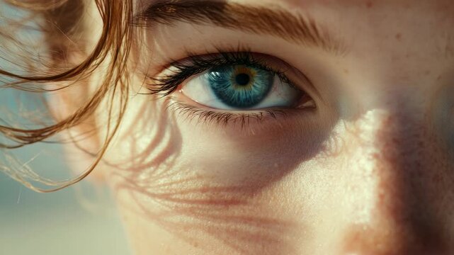 A beautiful portrait capturing the intricate details of a human face. The eyes are especially vivid against the warm tones of the sunlight hitting the skin.