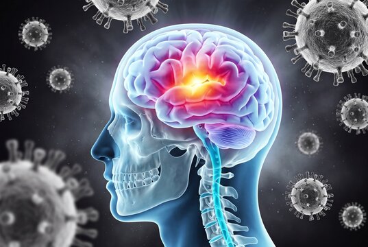 Conceptual illustration of a viral infection affecting the human brain and central nervous system
