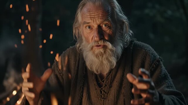 Close-up of an elderly, grizzled man with a long white beard speaking animatedly by a campfire at night