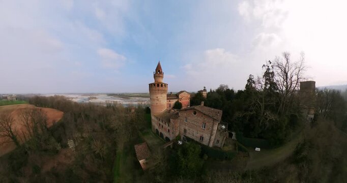 Panoramic aerial 360 view capturing the majestic architecture of Rivalta Castle, a historic gem in the Italian landscape.