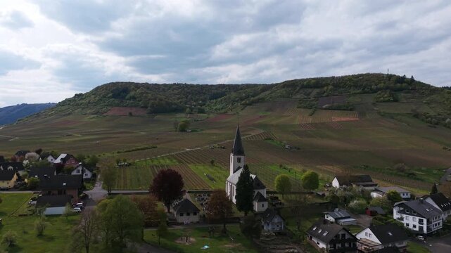 Church surrounded by houses and vineyards along Moselle river in Cochem, Germany. Aerial drone orbiting, copy space