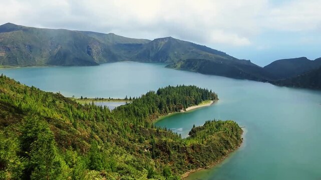 Lagoa do Fogo Sao Miguel island in Azores fog flying over the lake view from the mountain Portugal