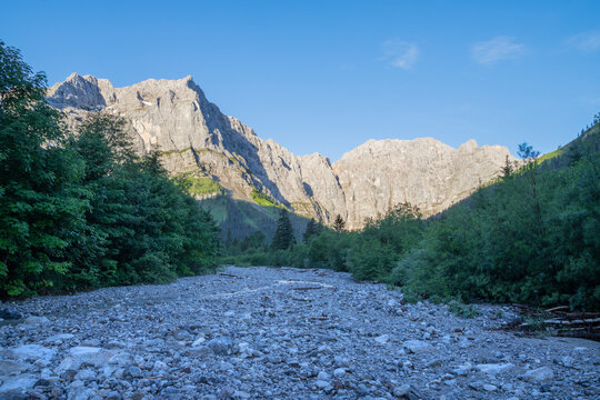The morning panorama of north walls of Karwendel mountains - walls of Spritzkar spitze and Grubenkar spitze from Enger tall  - Grosser Ahornboden wall