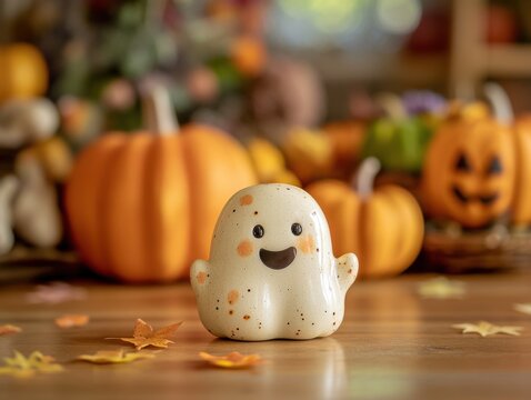 A cute little ceramic ghost figurine stands on a wooden table next to pumpkins and warm, soft golden holiday bokeh lights in the background.

