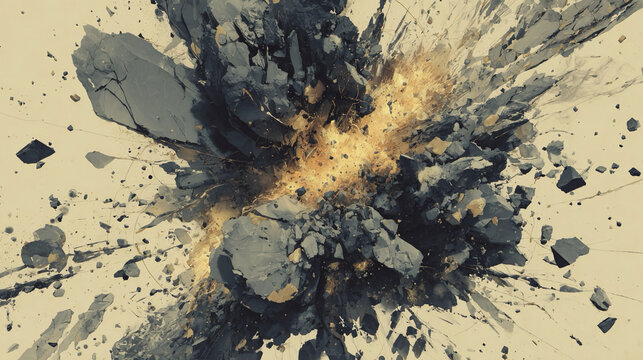 Destruction - Fragmented chaos abstract collapse conceptual dissolution dynamic tension visual breakdown energetic expressive movement minimalistic structural decay