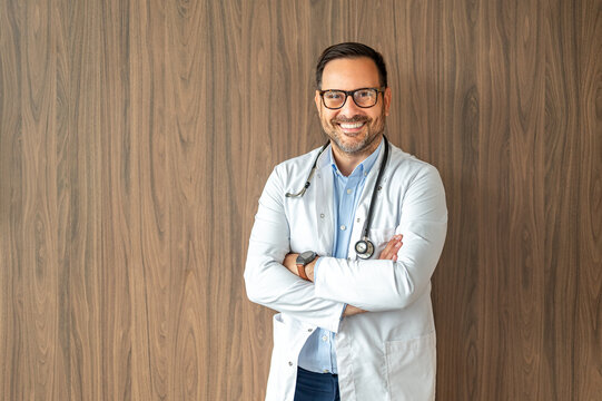 Professional medical worker posing against a warm textured background, wearing a lab coat and stethoscope, conveying expertise, trust, and dedication to patient wellness
