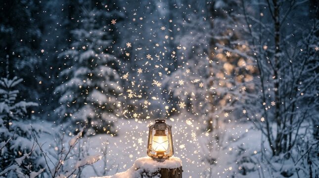Lantern light glowing in a starry night forest