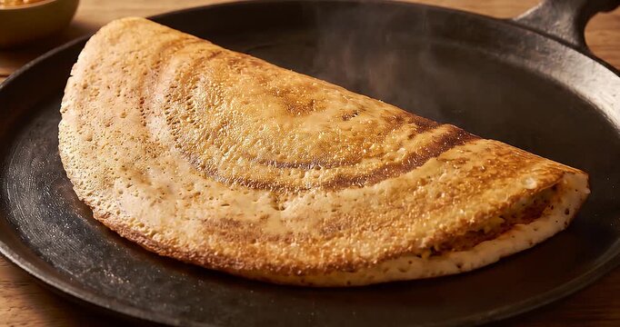 A freshly cooked golden brown dosa, a popular South Indian savory crepe, rests on a dark cast iron griddle, emitting subtle steam.