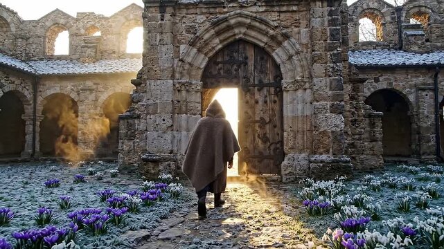Individual in brown cloak walks towards ancient stone doorway illuminated by sunlight, surrounded by blooming flowers in a historic monastery courtyard
