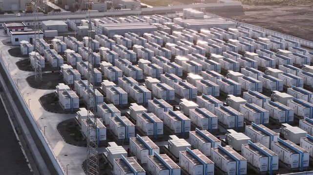 Aerial View of Battery Energy Storage Containers Reflecting Golden Sunlight Near Water in Qinghai, China