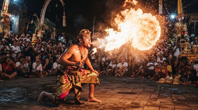 Dramatic night scene of a male fire breather performing powerful fire-spitting trick during traditional festival in Bali, indonesia