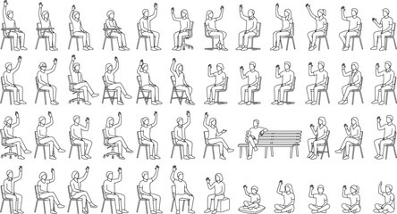 Fototapeta premium Collection of Seated People Raising Hands in Various Poses Top View Vector Set